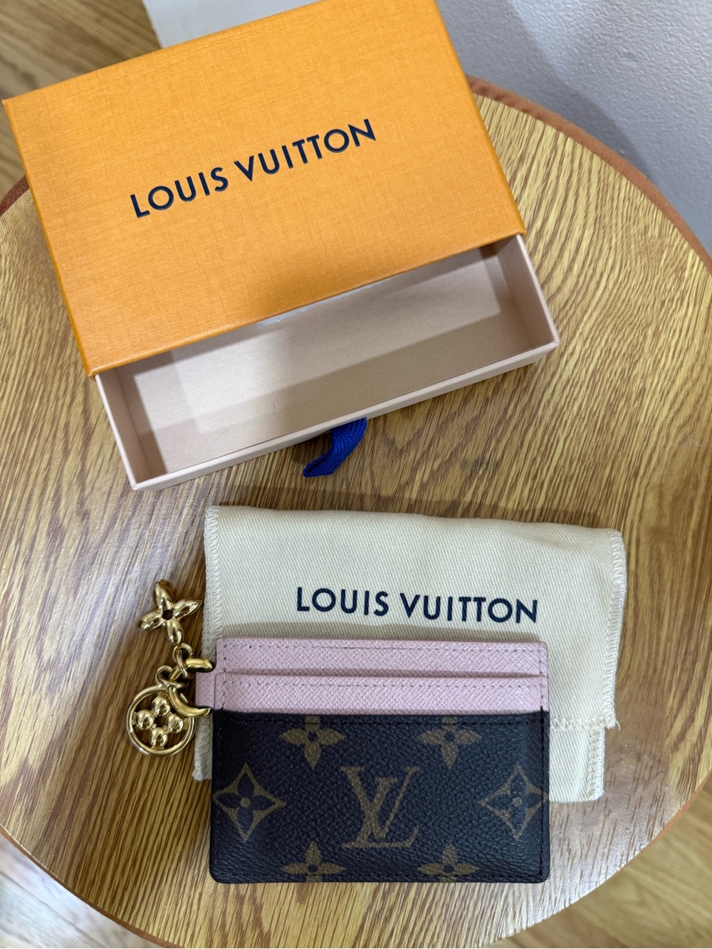 Louis Vuitton Brown Monogram Card Holder with Pink Trim and Gold Charm